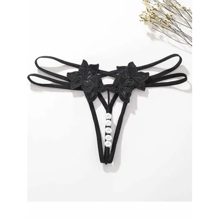 

Sexy Floral Lace Thong Low Waist Sheer Lace G-String With Pendant Pearl Women‘s Sexy Lingerie & Underwear