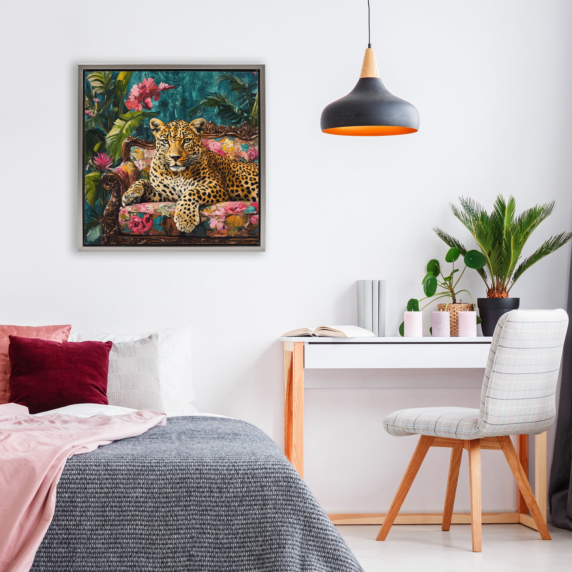 Stupell Industries Fashionable Leopard on Floral Sofa Gray Framed Floater Canvas Wall Art, design by Petal Prints Design