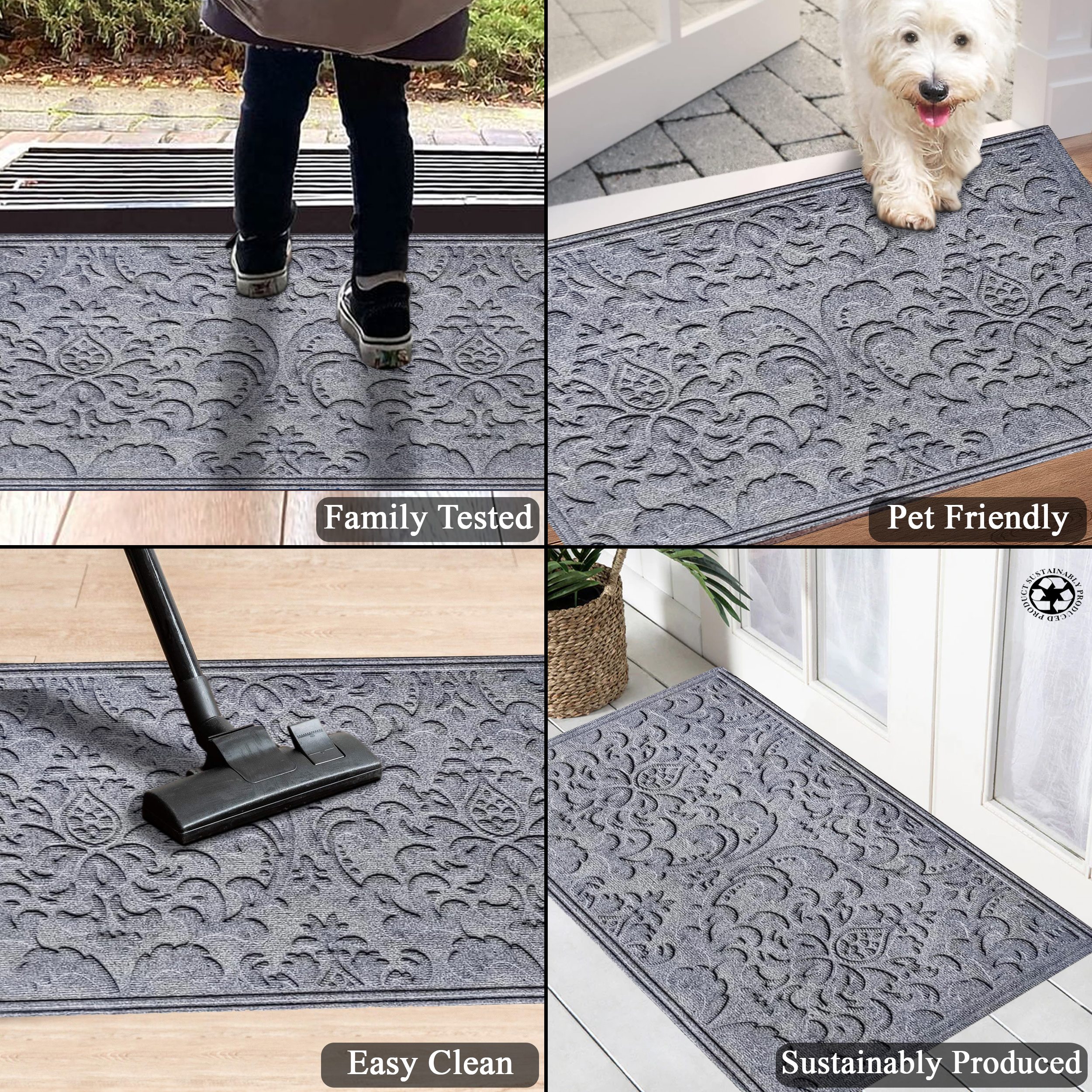 A1HC All Weather Dirt and Moisture Absorbing Polypropylene(PP) Door Mat with Tire Crumb Rubber Backing, Indoor Outdoor Use, Light Grey, 24x36 Inch
