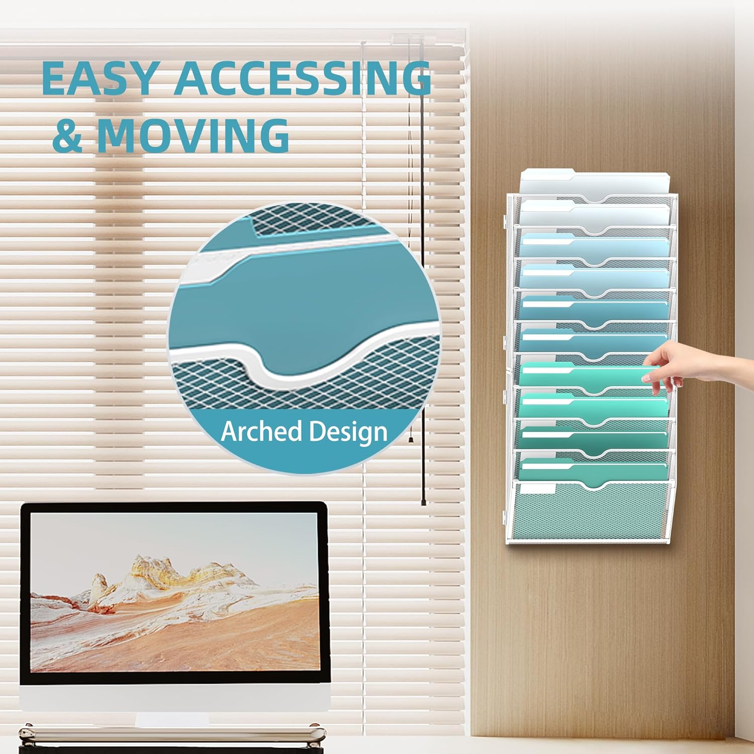 INTIGE 10-Tier Metal Wall File Organizer, Hanging Paper Organizer, White, Screw Mount