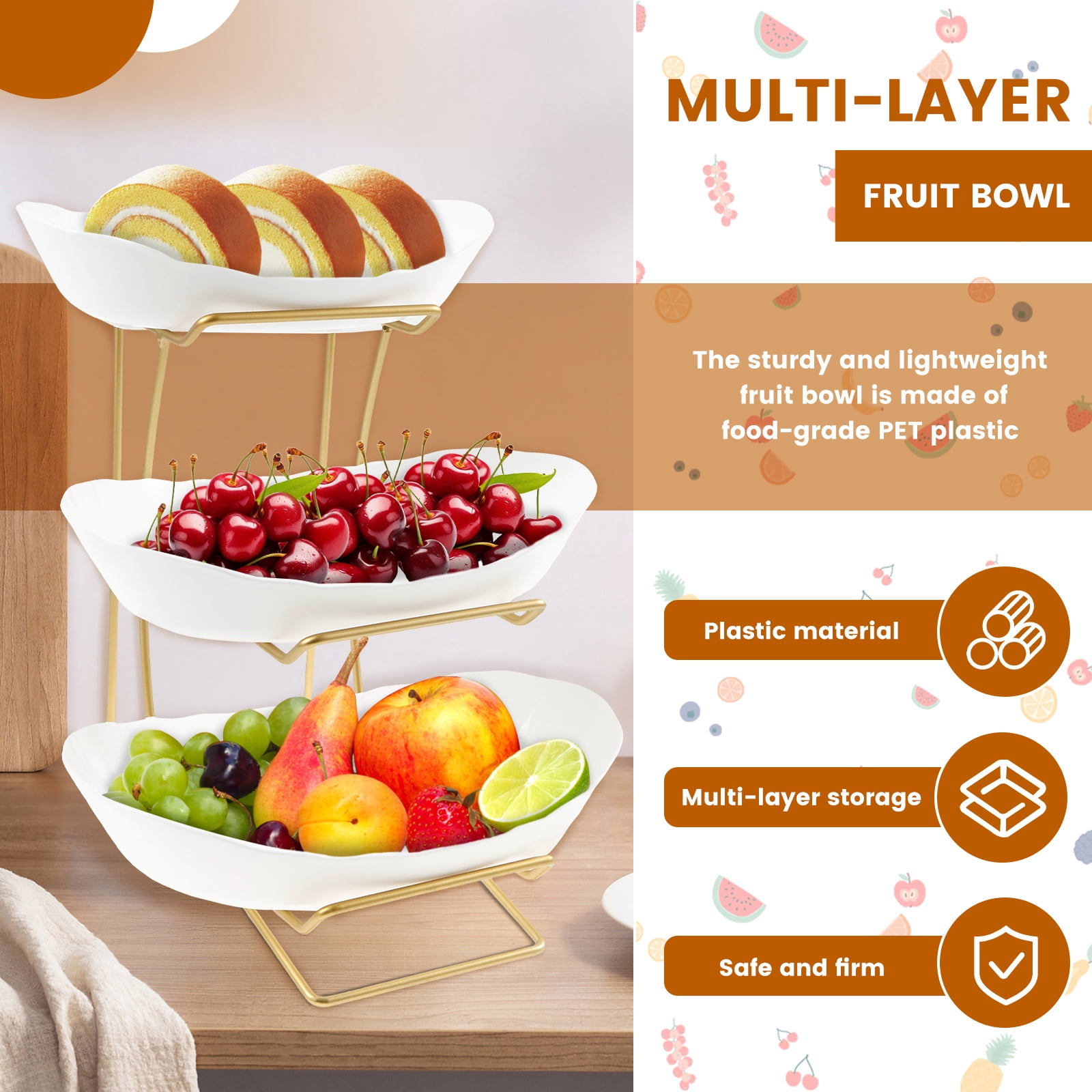 Fruit Bowl Basket Plastic Easy Install 3 Tier Fruit Basket For Kitchen Counter Stand Stable Holder Rack Space Saving