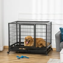 PawHut 43" Heavy Duty Dog Crate, Indestructible Dog Cage Kennel with Removable Tray, Lockable Wheels and Double Door, for Large and Extra Large, Black