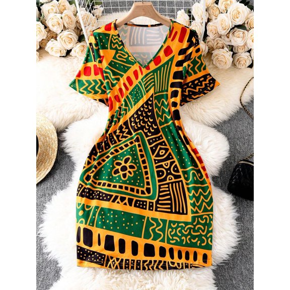 Multicolor Casual V-Neck Short Sleeve Geometric Print Plus Size Dress Summer