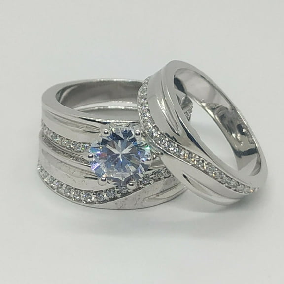TAAPSEE JEWELS Cubic Zirconia Wedding Trio His & Her Bridal Band Engagement Ring Set 14k White Gold Finish