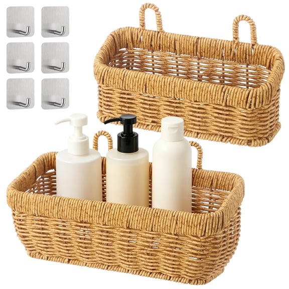 2 PCS Wall Hanging Baskets, Woven Storage Organizer Set, Rattan Style Shelf with Adhesive Hooks, Metal Frame Basket, Bohemian Decor Holder for Bathroom Kitchen Living Room