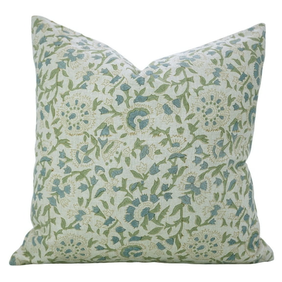 Indian Floral Sofa Pillow – Handmade PUSHPLATA Block Print Cushion Cover, 12x20 Pure Linen Fabric