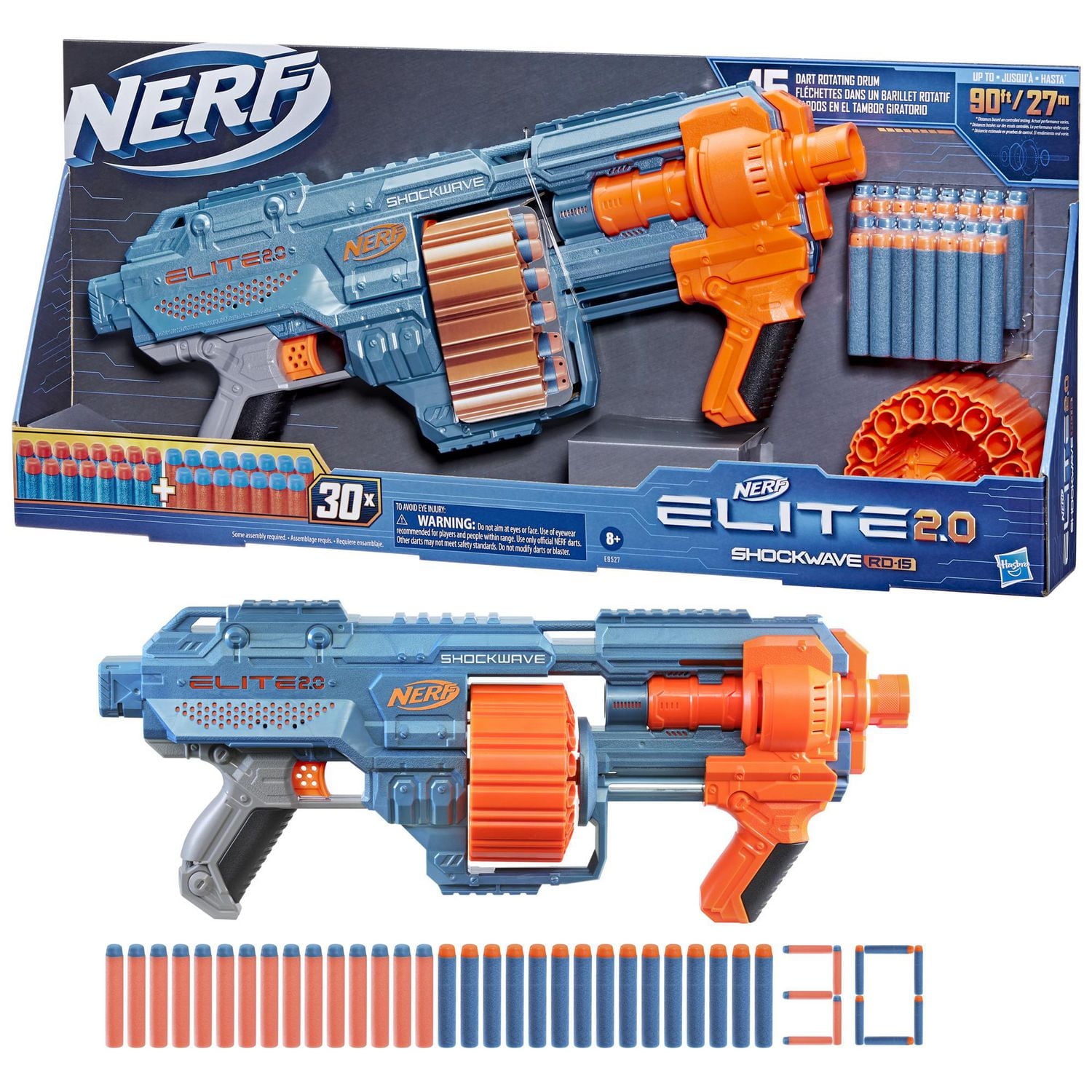 Nerf Elite 2.0 Shockwave RD-15 Blaster, 30 Nerf Darts, 15-Dart Rotating Drum, Pump-Action Slam Fire, Built-In Customizing Capabilities
