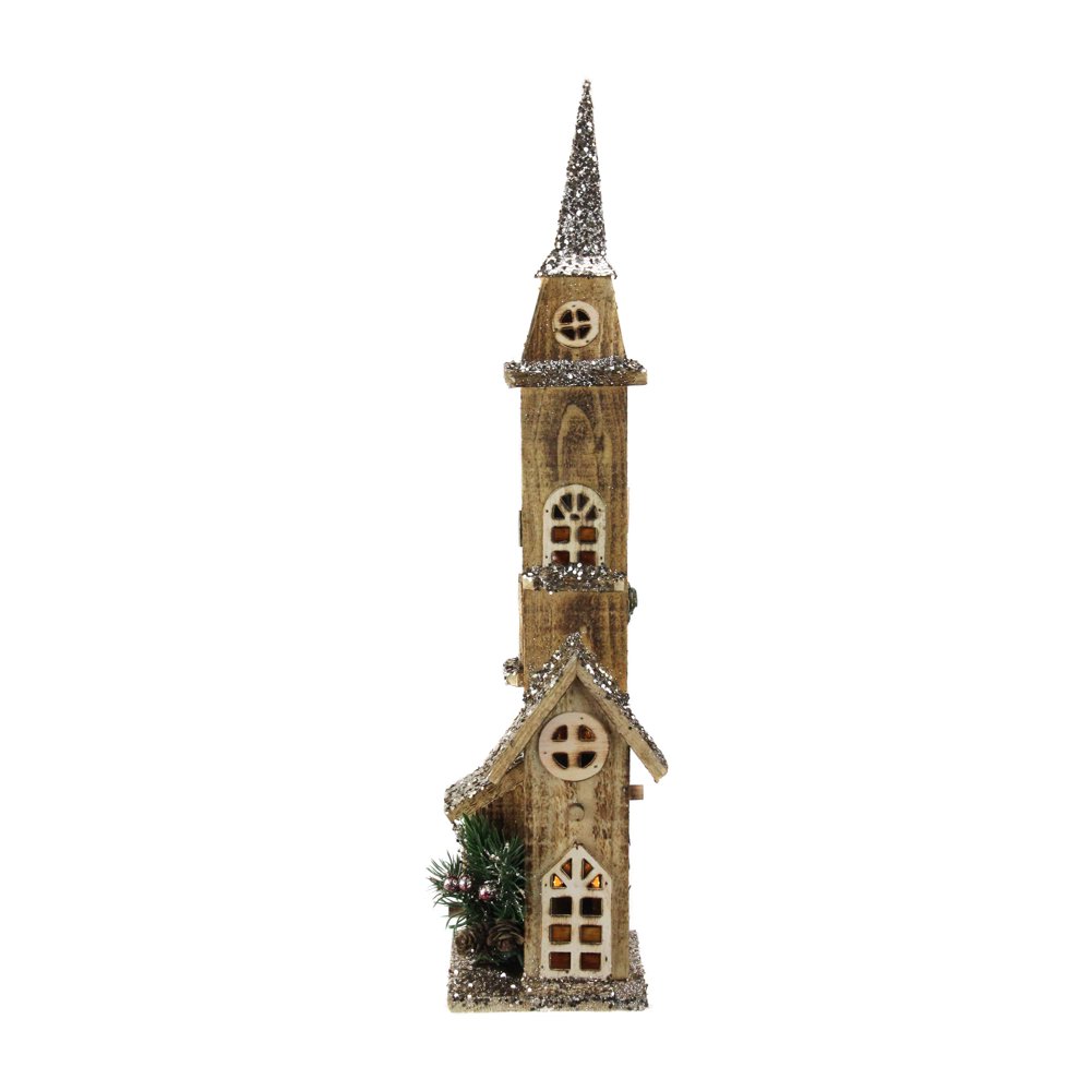 23.5" Brown LED Lighted Church with Tower Christmas Decoration