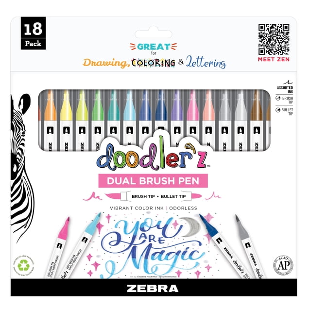 Conjunto de 18 Marcadores Dual Brush Zebra Pen Doodlerz, Colores Surtidos