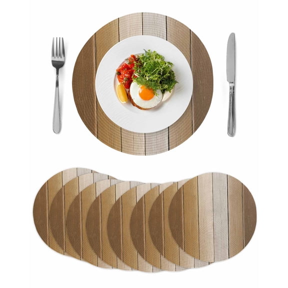 Brown Ombre Round 15 Inch Placemats Set of 8, Vintage Country Wooden HeatResistant Non Slip Place Mats for Dining Table, Wipeable Braided Kitchen Table Mats for Housewarming