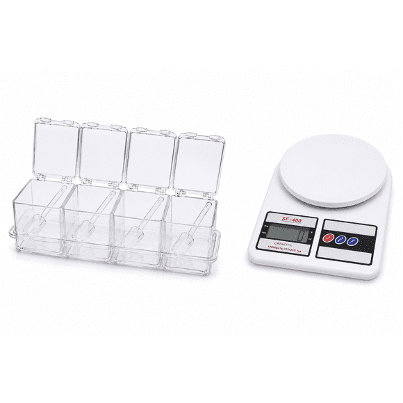 Kit Báscula Digital de Cocina 10 kg + Especiero Acrílico 4 Compartimentos para Repostería y Cocina Kimhi