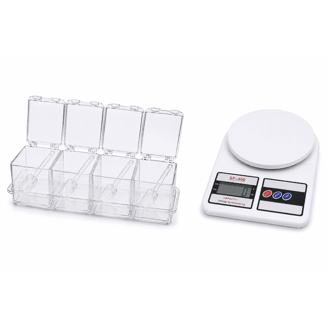 Kit Báscula Digital de Cocina 10 kg + Especiero Acrílico 4 Compartimentos para Repostería y Cocina Kimhi