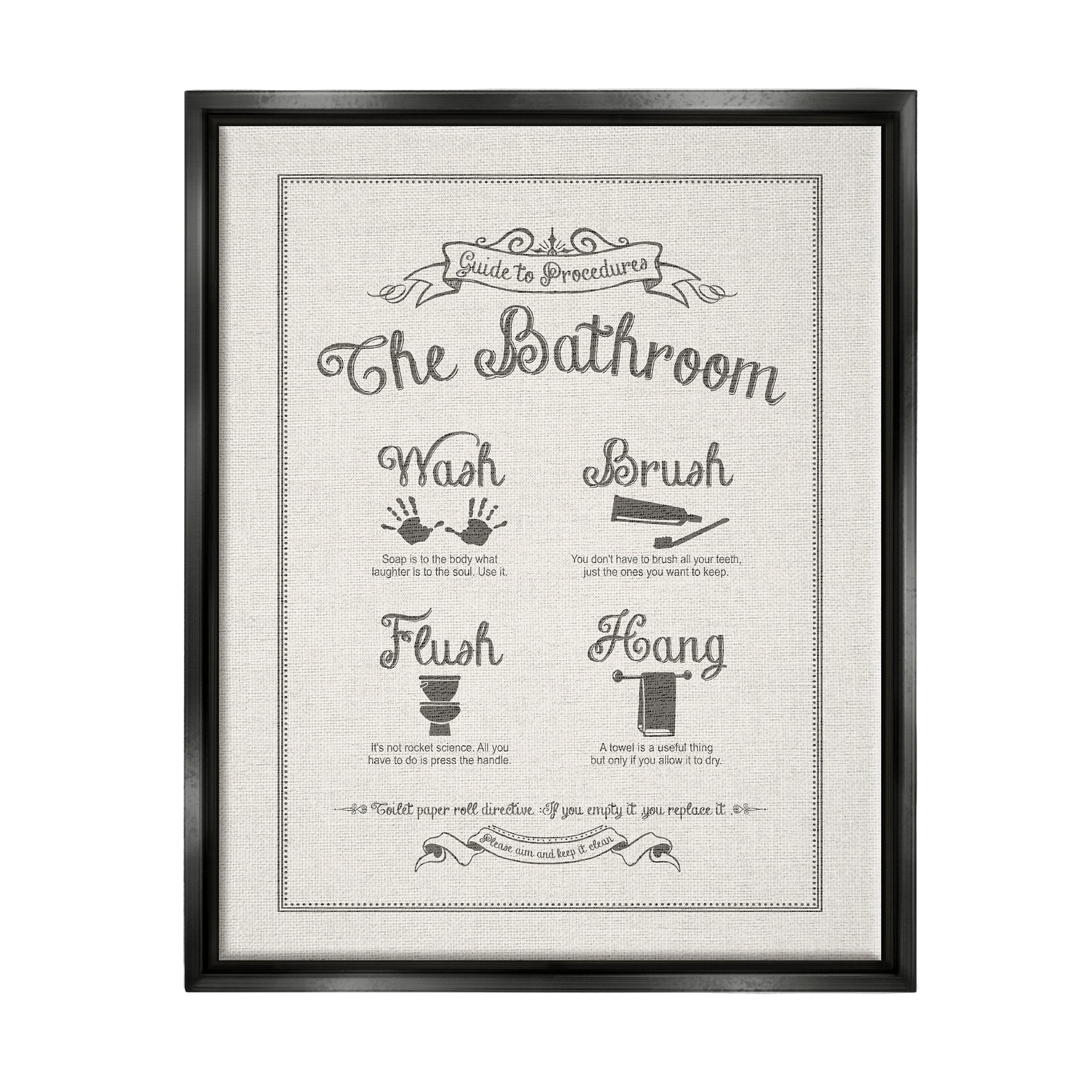 Stupell Industries Guide To Bathroom Procedures Linen Look Jet Black Framed Floating Canvas Wall Art, 16x20, by Lettered and Lined