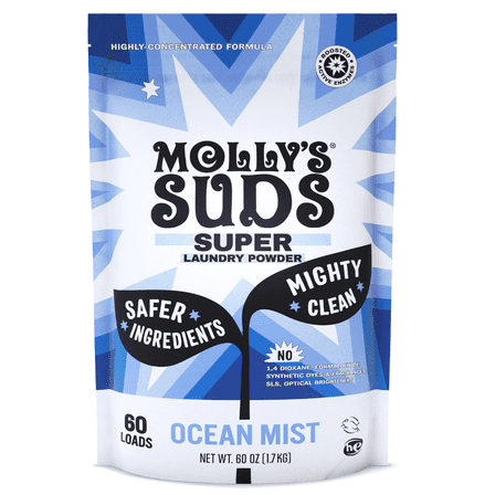 Molly's Suds Super Powder Laundry Detergent | Sensitive Skin | Earth Derived Ingredients | Ocean Mist, 60 Loads