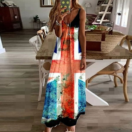 

Hvyesh Summer Dresses for Women 2023 Casual Loose Fit Maxi Dress 4th of July Graphic V Neck Sundresses Spaghetti Strap Sleeveless Comfortable Dresses Blue