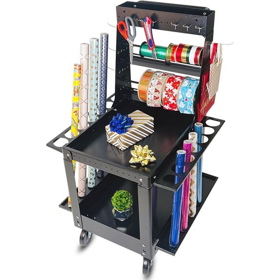 Pochar Utility Storage Rolling Cart with Removable Pegboard & Extra Storage Baskets Hooks, Metal Craft Art Carts for Gift Home Office, Black