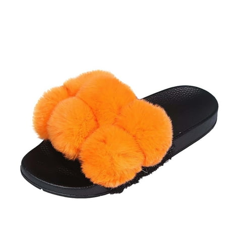 

Chiccall Colorblock Slippers Colorful Fluff Balls Spa Slide Slippers Open Toe Bedroom Shoes Sandals Indoor Outdoor House Slippers for Women and Girls on Clearance