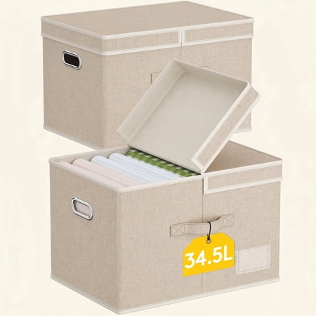 Norcho 34.5L Fabric Storage Bins with Lids Handles Foldable Decorative Stackable Closet Organizer Beige 2 Pack