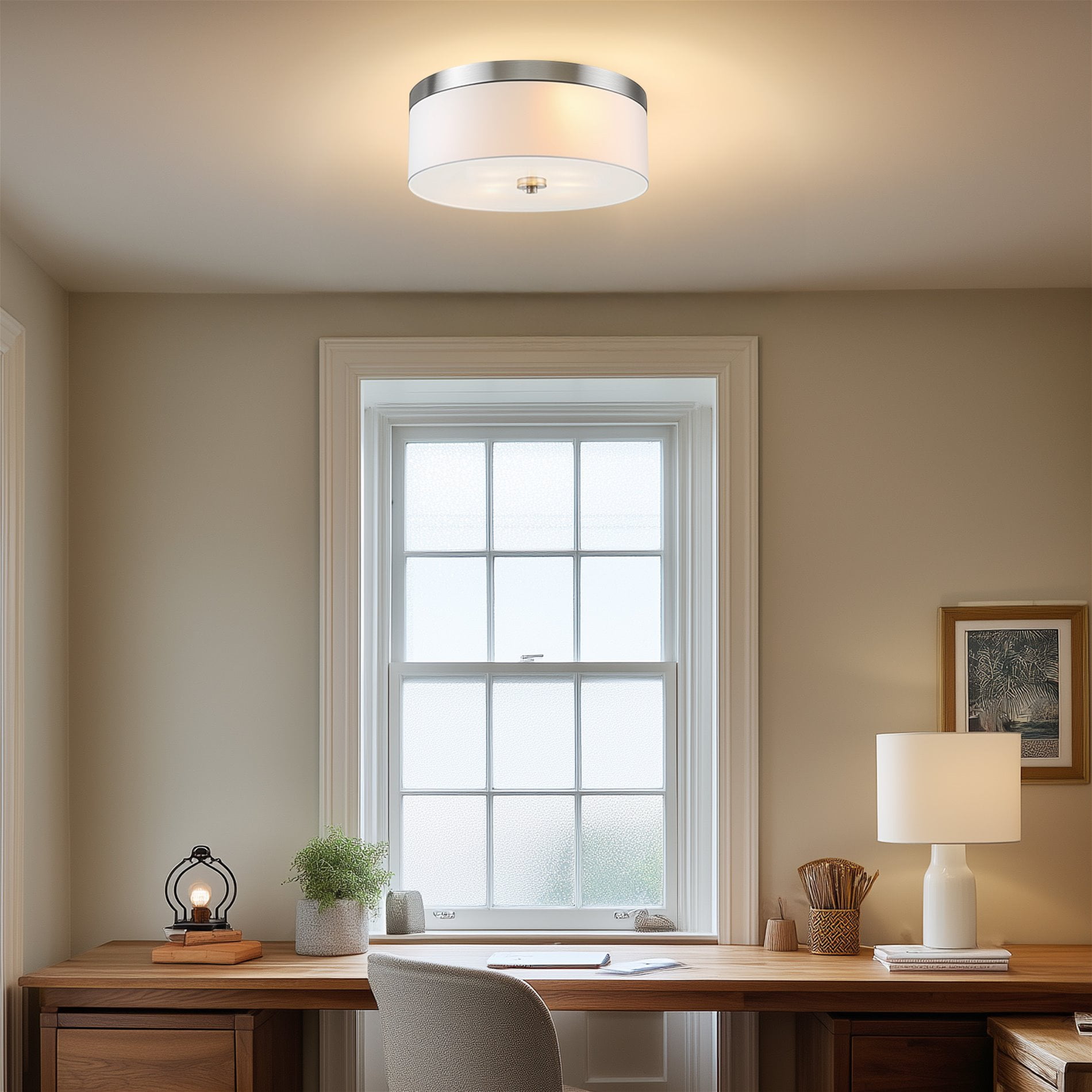 Kira Home Walker 15" Drum Flush Mount Ceiling Light, White Fabric Shade, Frosted Glass Diffuser, Close to Ceiling