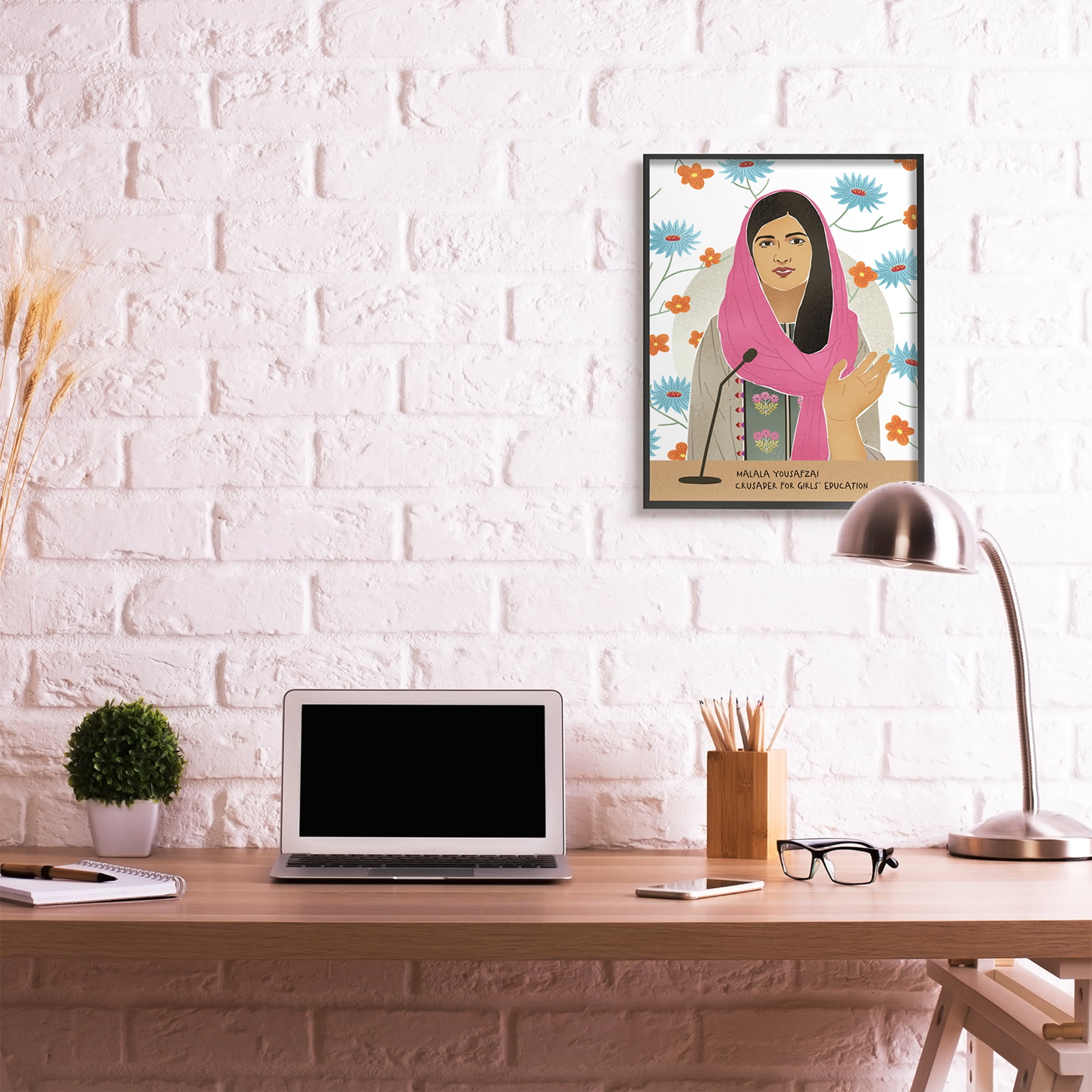Stupell Industries Malala Speech Over Blue Orange Florals Female Icon Novelty Painting Black Framed Art Print Wall Art, 24 x 30
