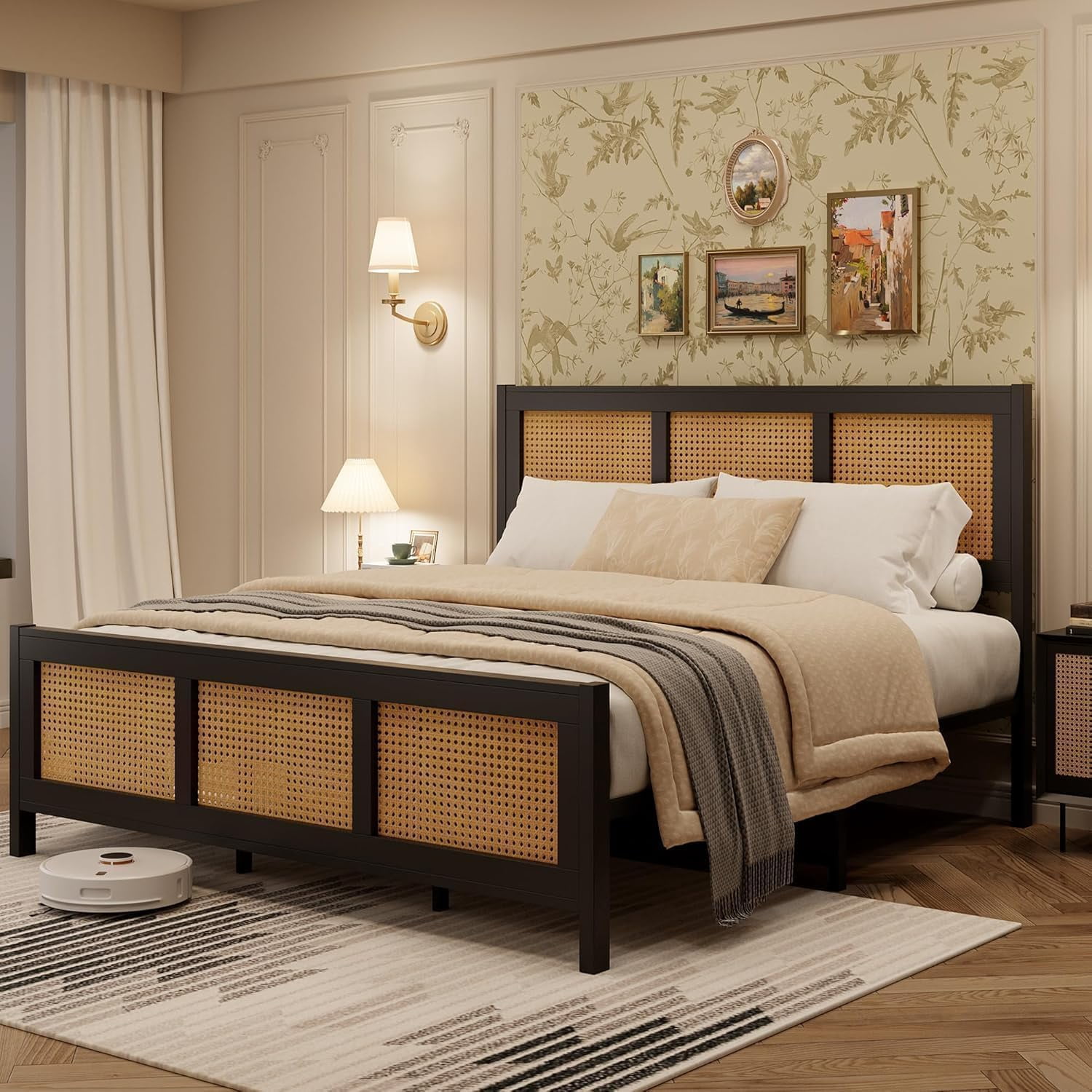 Queen Size Rattan Bed Frame, Black Boho Cane Platform with Headboard, Metal Slats, No Box Spring, Noise Free