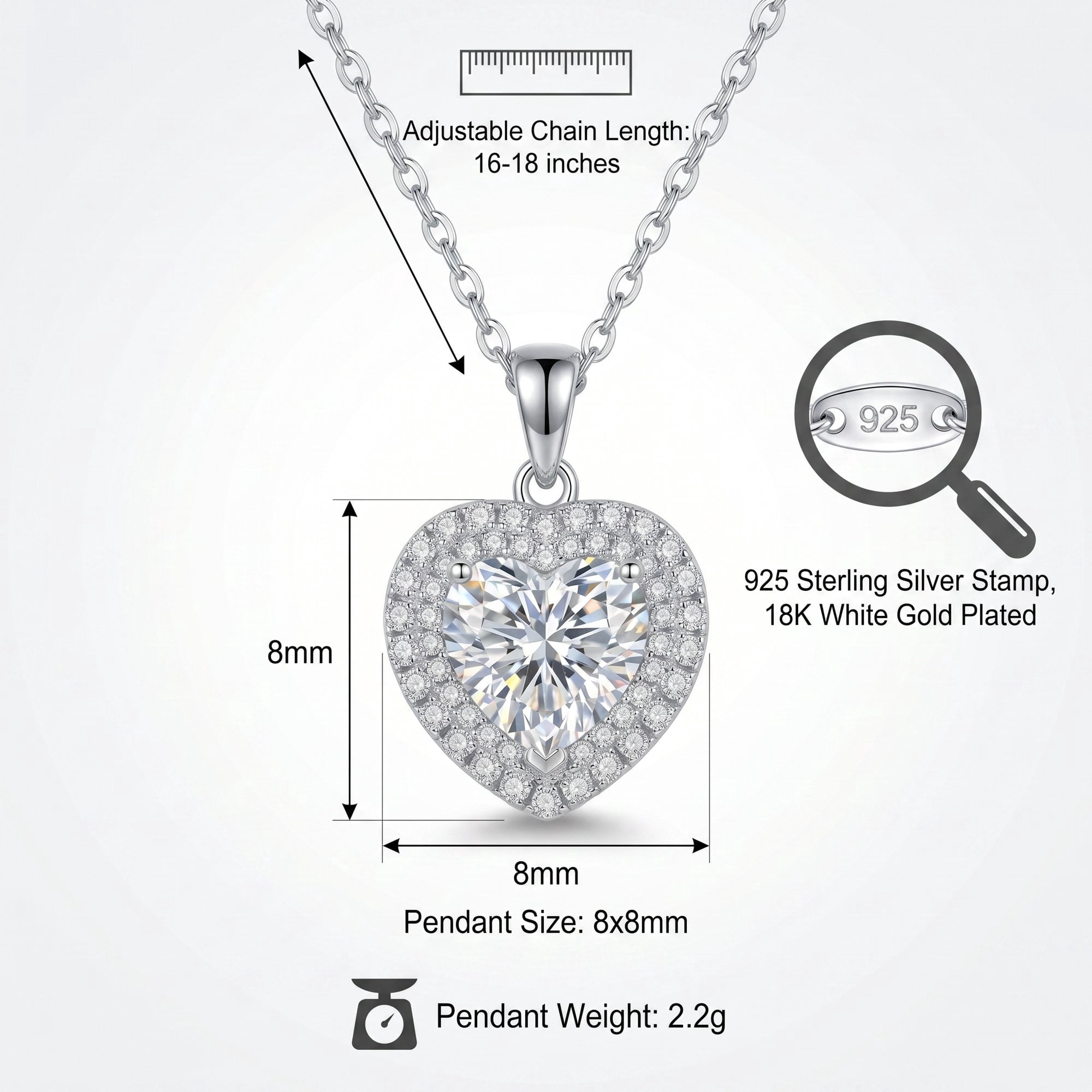 Moonelle Moissanite Heart Necklace for Women, 2 Carat Heart Pendant in 925 Sterling Silver, White Gold Plated, Gift Jewelry