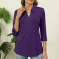 thumbnail image 4 of Lenpel Women's 3/4 Sleeve T Shirts Trendy V Neck Collared Solid Color Tunic Tops Dressy Casual Tees Loose Blouses(Purple,Large), 4 of 7