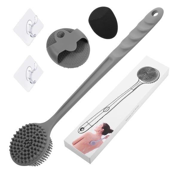 Abaima 3-Pack Silicone Back Scrubber Set with 14" Long Handle, Body and Face Brushes 2 Hooks - Deep Exfoliating and Lathering Massage Combo for Women Men Home and Travel