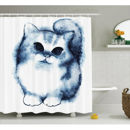 Navy Blue Shower Curtain, Cute Kitty Paint with Distressed Color Features Fluffy Cat Best Companion Ever, Fabric Bathroom Set with Hooks, Grey White, by