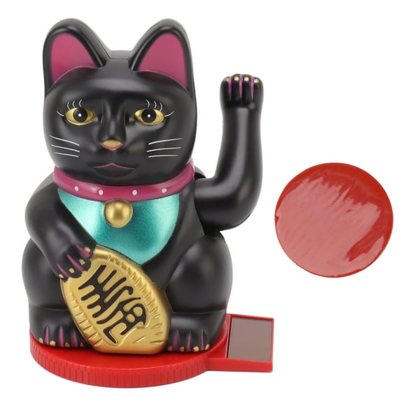 ZOUSSIQI Arm Waving Fortune Cat 4 Inch Plastic Solar Powered Light Induction Lucky Cat Decoration with Rotating Base for Home Hotel Black JU316-20173