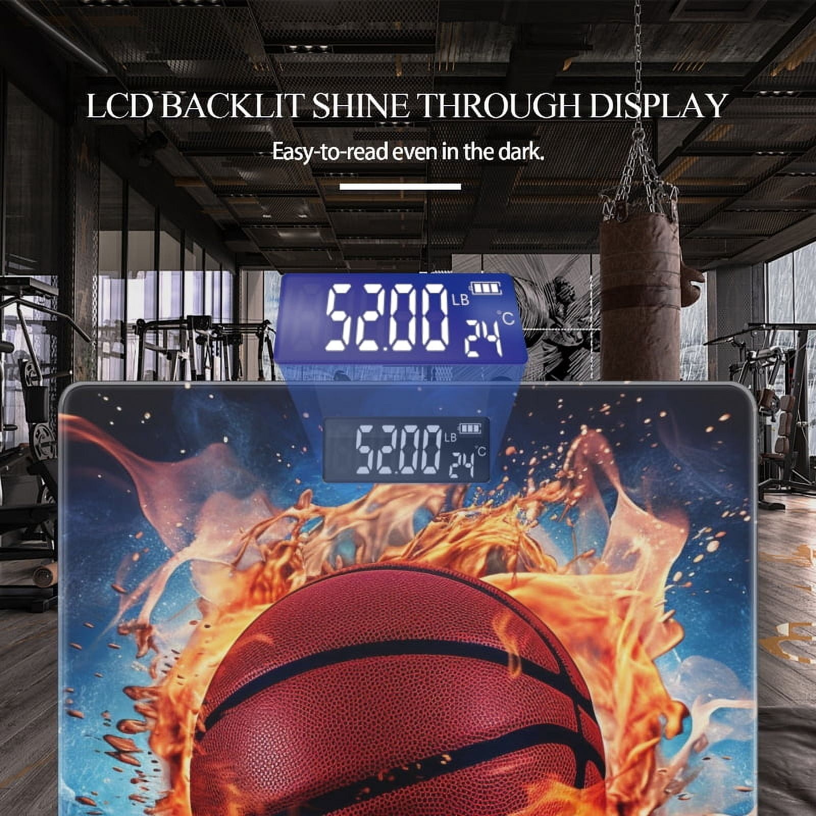 Bathroom Scale, Highly Accurate Digital Body Scale,Precisely Measures Weight up to 400 lbs-Basketball Engulfed In Flames Against Blue Background