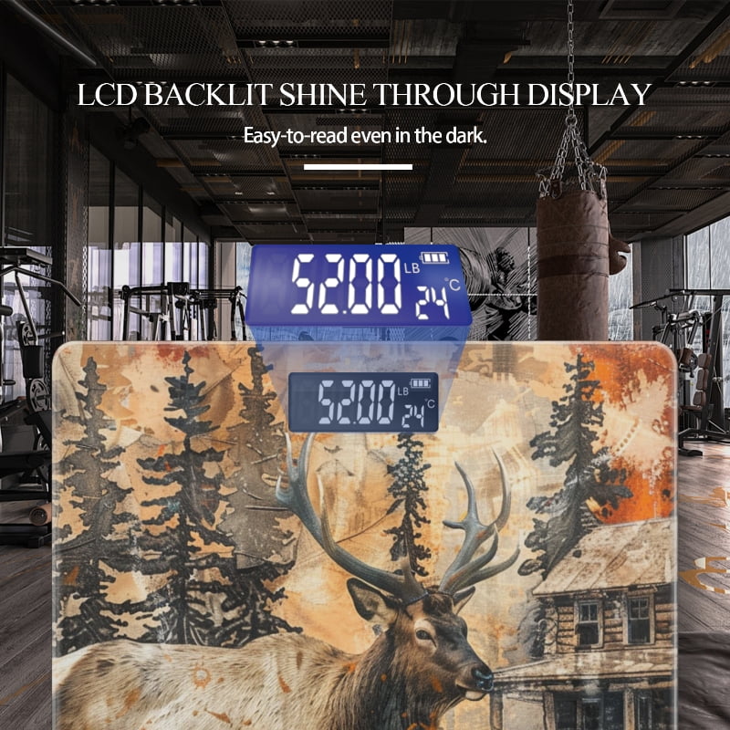 Digital Bathroom Scale with Large LCD Display,High Capacity Scale 400 lbs High Precision body fat scale-Old Log Cabin Pine Trees With Deer And Warm Colors