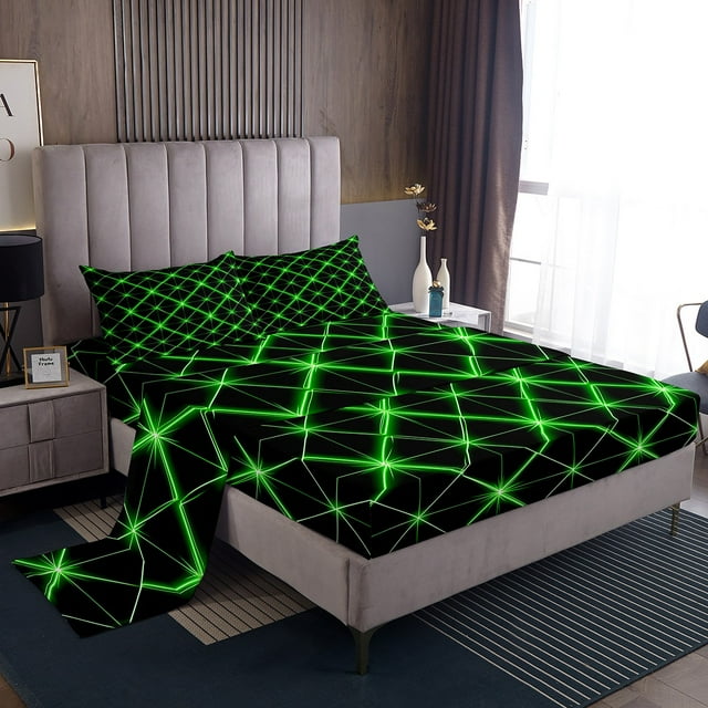 Erosebridal Teens Abstract Queen Sheet Sets, Green Strpied Geometry Bedding Queen Size, Modern Fashion Decor