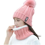 Fashion Comfy Scarf Hat Kit Women Winter Warm Solid Pompoms Knitted Soft Caps And Scarves 2PCS