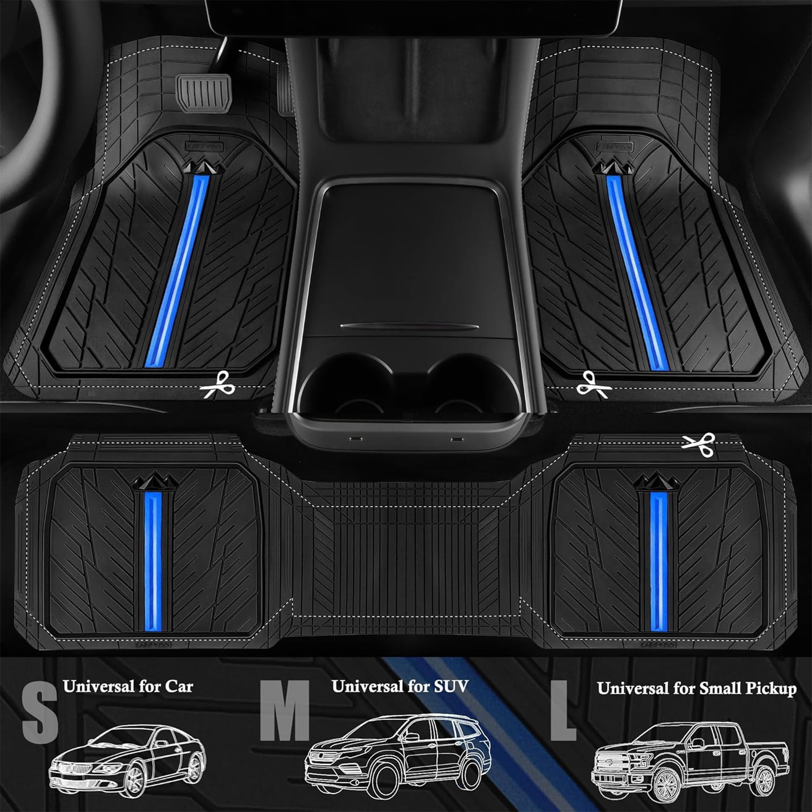 CAR GRAND Heavy Duty Rubber Car Floor Mats, Deep Dish Waterproof Car Mats All Weather, Universal Trim-to Fit Automotive Floor Mats for Car SUV Truck Van, Durable Floor Liners Black Blue
