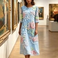 thumbnail image 5 of VBVC Women's and Women's Plus 3/4 Sleeve Midi Dress, Summer Casual Crew Neck Dress For Women, Ladies' Loose Fit Floral Dress with Pockets,Light Blue,S-5XL, 5 of 6