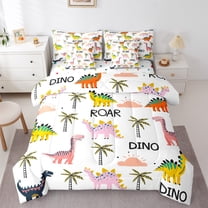 Feelyou Kawaii Pink Dinosaur Bedding Comforter Set 7-Piece for Teen, Tropic Coconut Palm King Bedding Sets, Cute Cartoon Animal Reversible Bed Sheets, Lightweight Room Decor