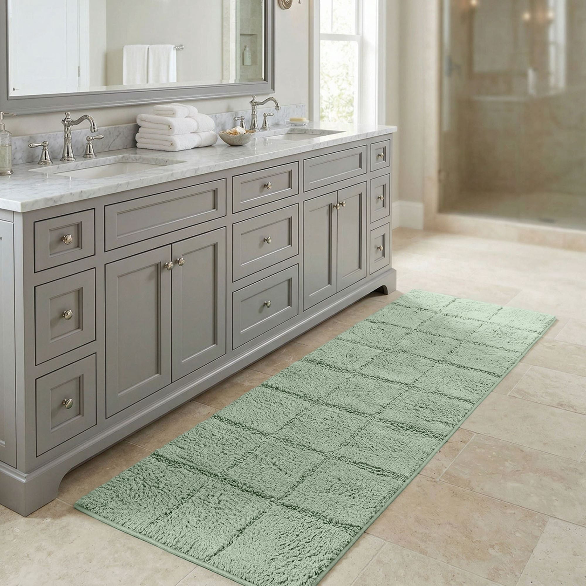 Superior Checkered Cotton Washable Non-Slip Bath Rug, Runner Size, Sage