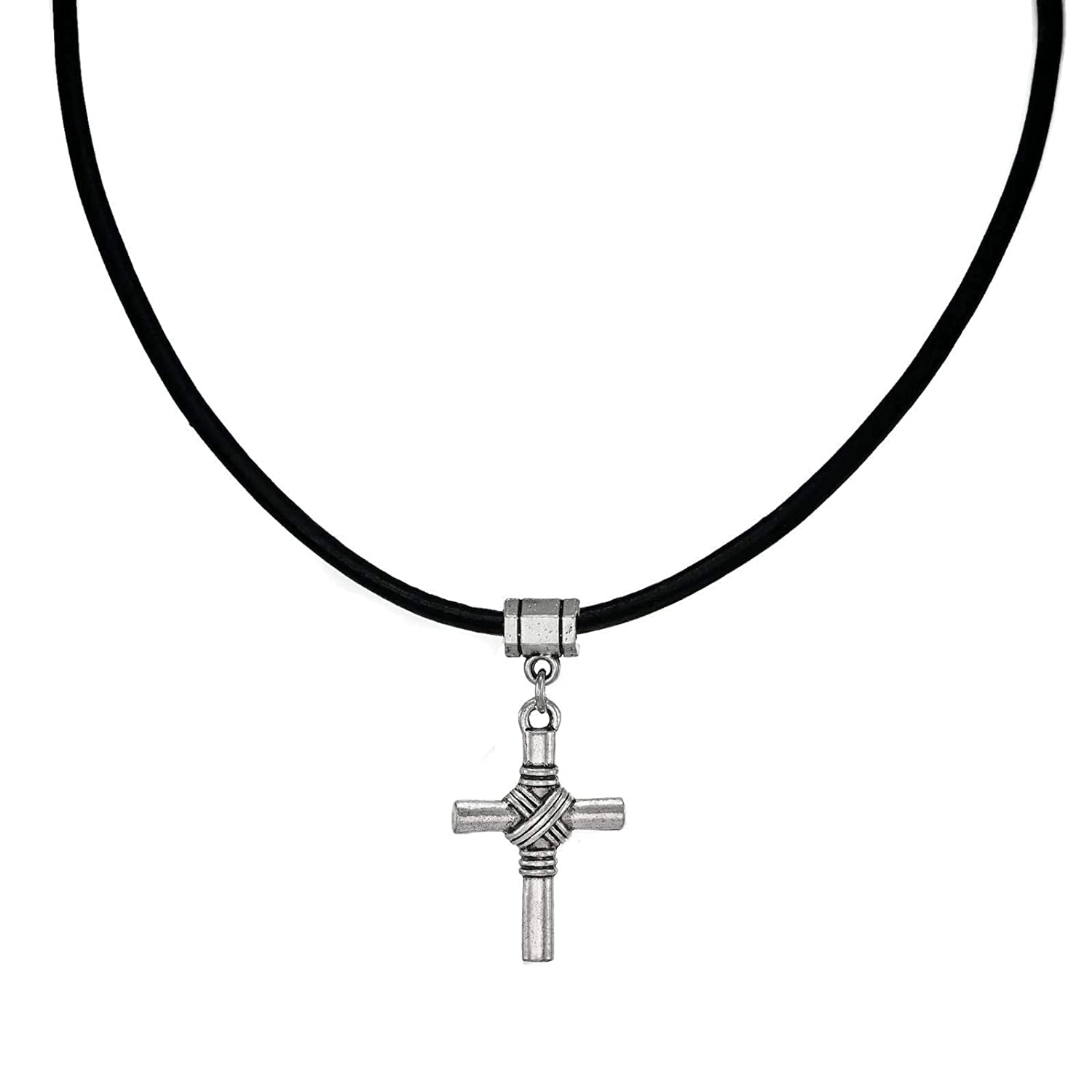 Modern Unisex Pewter Cross & Black Greek Leather Cord Necklace 20 inch