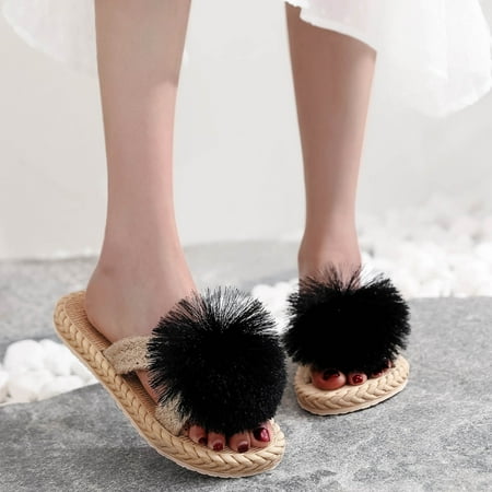 

〖Yilirongyumm〗 Black 37 Slippers For Women Ball And Flat Imitation Woven And Sandals Flops Slippers Spring Summer Beach Fringe Flip Straw Women Slipper