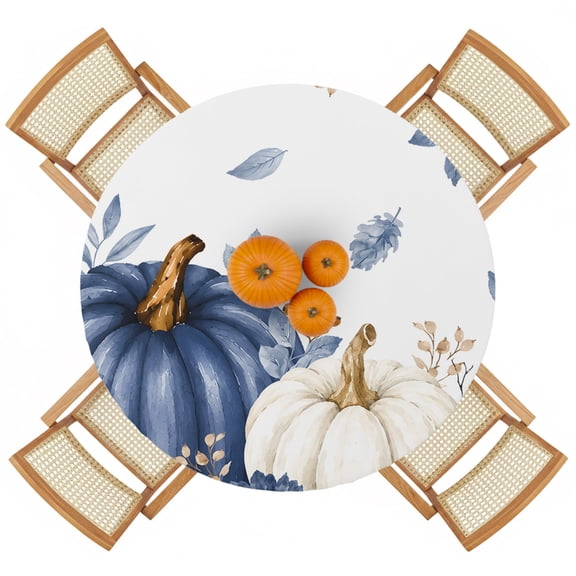 Thanksgiving Blue White Pumpkins Round Fitted Tablecloth with Elastic Edge,Waterproof Table Cloth Fits 55"-60" Tables,Wipeable Washable Table Cover for Indoor Outdoor Dinning Party,Autumn Maple Leaf