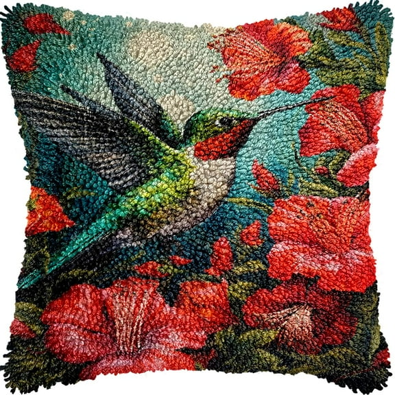 Hummingbird and Red Morning Glory DIY Latch Hook Kits Pillow Crochet Yarn Pre-Printed Cushion Needlework Pillowcase Hook and Latch Kit Cushion Home Sofa Decoration 43x43cm
