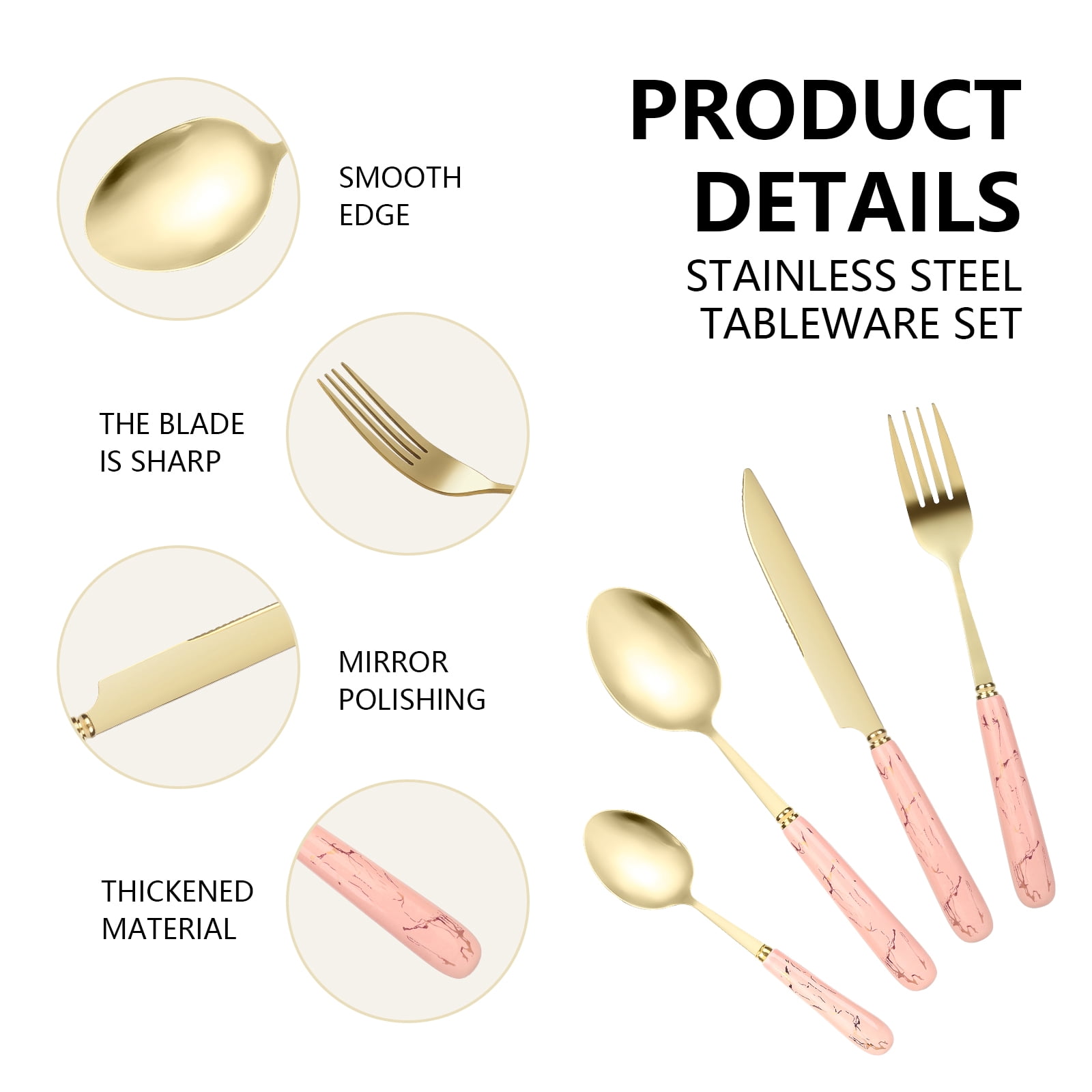 24-Piece Stainless Steel Cutlery Set with Elegant Marble Ceramic Handles - Main Dinner Knife, Fork, Spoon, Teaspoon - Luxury Gift Set(Pink)
