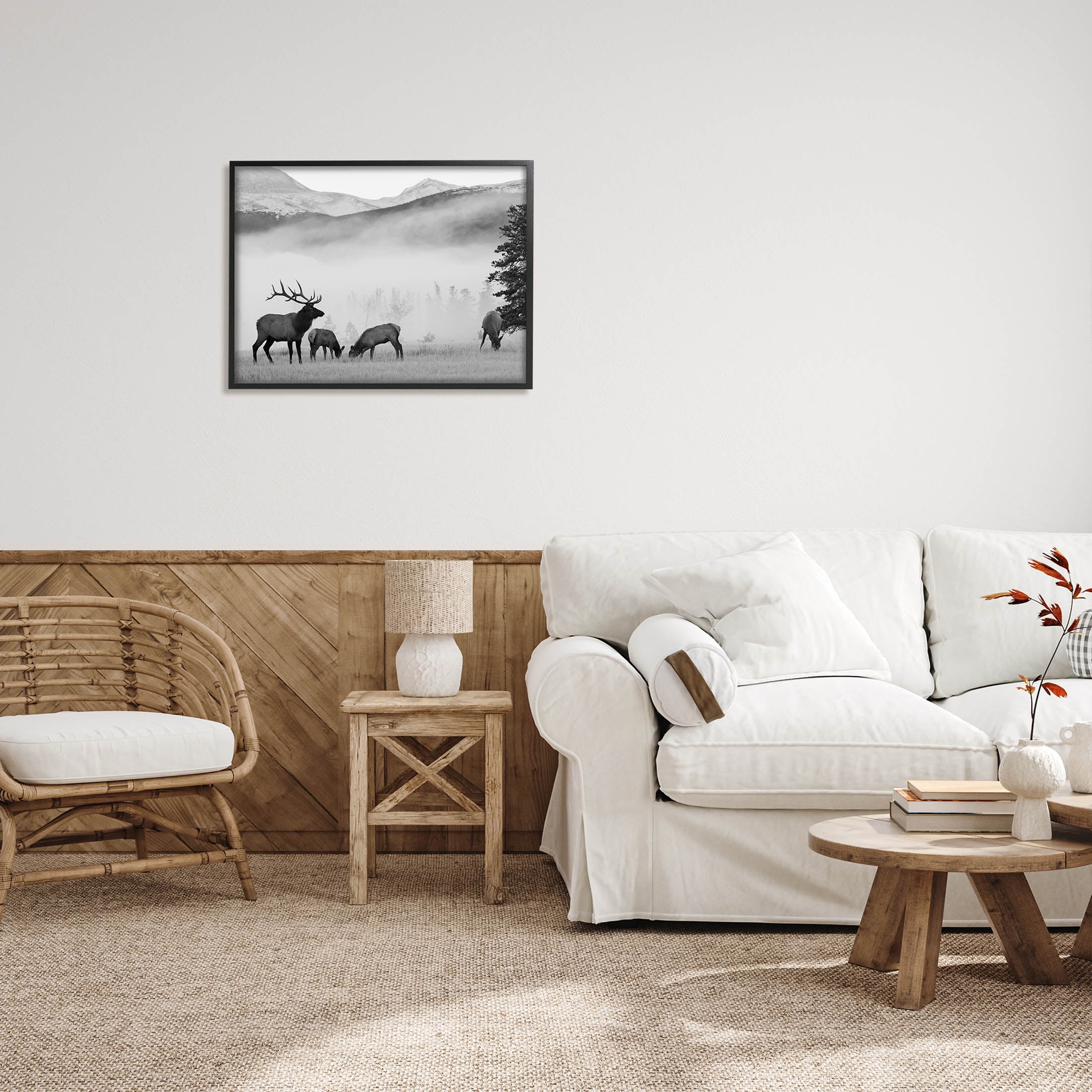 Stupell Industries Foggy Rural Deer Grazing Photograph Black Framed Art Print Wall Art, Design by Danita Delimont