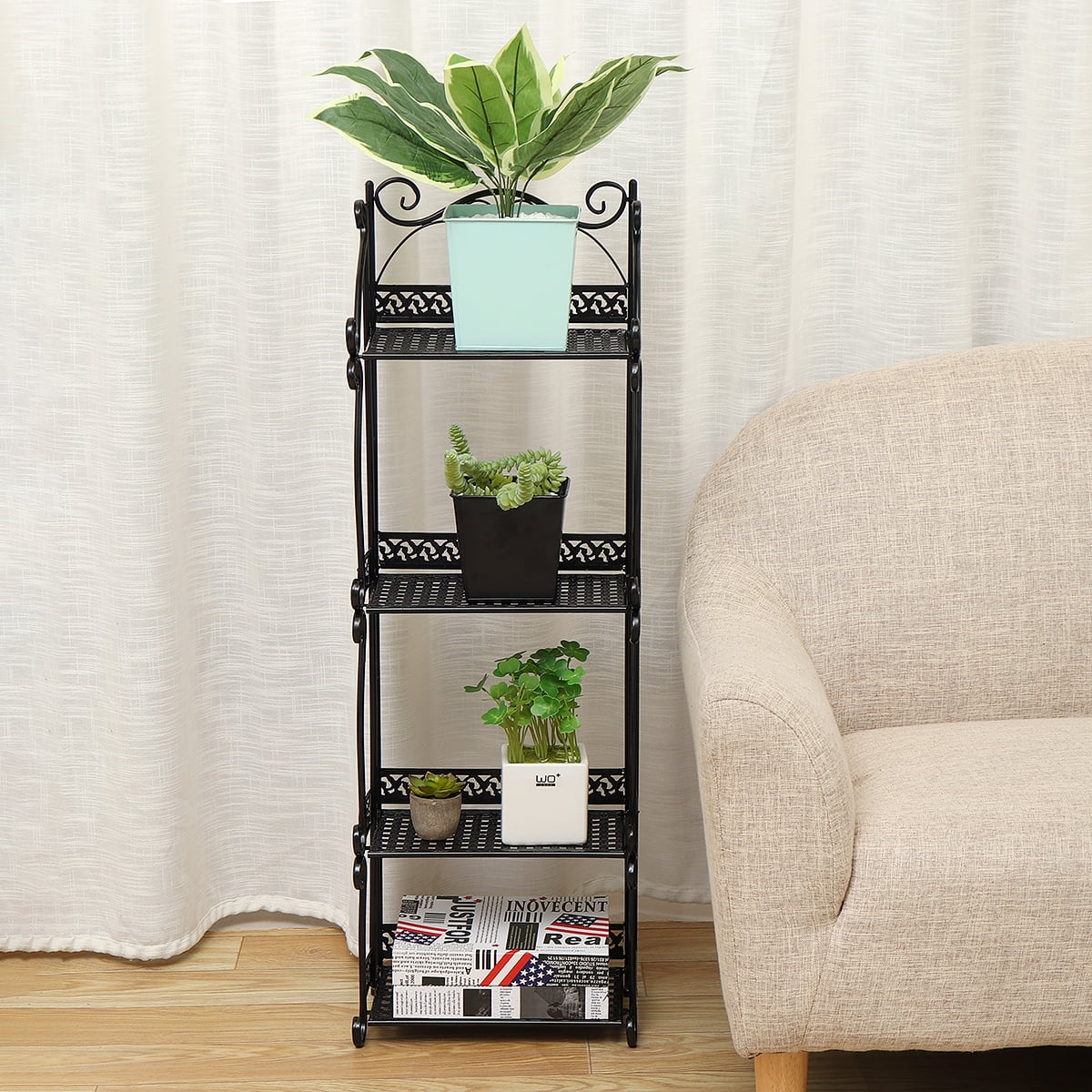3 Tier Plant Stand, Metal Storage Shelf, Foldable Bookshelf, Shoe Rack