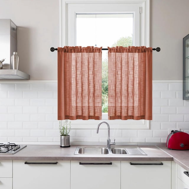 2-Piece Short Curtain Set, Linen-Look Polyester Valance for Kitchen Bathroom Door Window, Semi-Sheer Vintage Style Partition & Decoration, 25 x 31 Inches