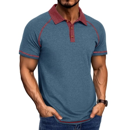 USNSM Men s Shirts Short Raglan Sleeve Fashion Block Color Button T Shirt Outdoors Breathable Casual Collared Golf Shirt Blue M