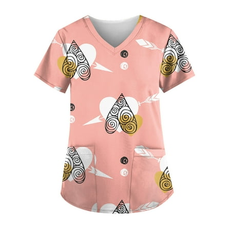 

QWERTYU Short Sleeve Scrubs Top for Women V Neck Professionals Nursing Scrubs Valentine s Day Pockets T Shirt Holiday Casual Uniform Orange 2XL