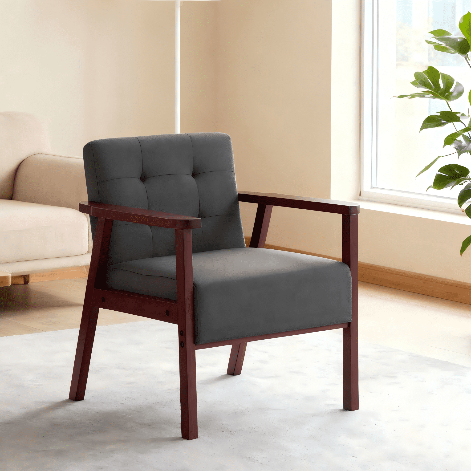 Gewnee Dark Gray Linen Wood Frame Accent Armchair, Sturdy Cedar Legs, High-Density Foam Seat, Non-Slip Pads, for Living Room Bedroom Office