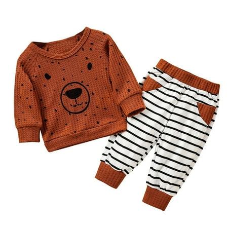 

simu Valentines Day Girls Outfits Baby Girls Boys Long Sleeve Bear Print Sweatshirt Tracksuit Tops Striped Pants 2PCS Outfits Clothes Set for Birthday Wedding